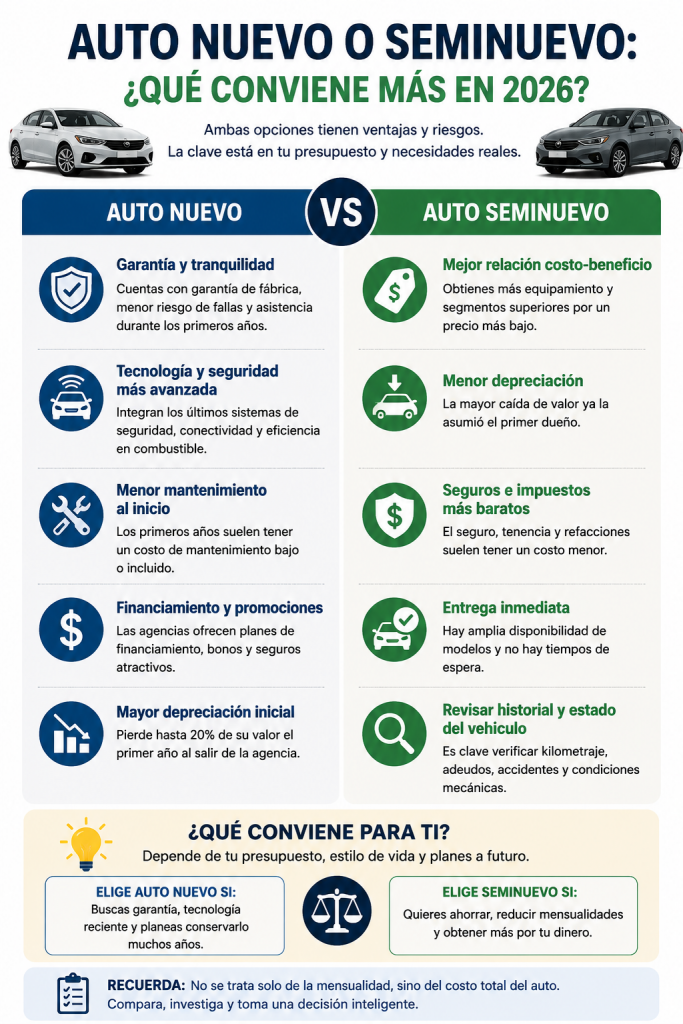 Descubre si conviene más comprar un auto nuevo o seminuevo en México en 2026. Analizamos costos, ventajas y consejos clave.