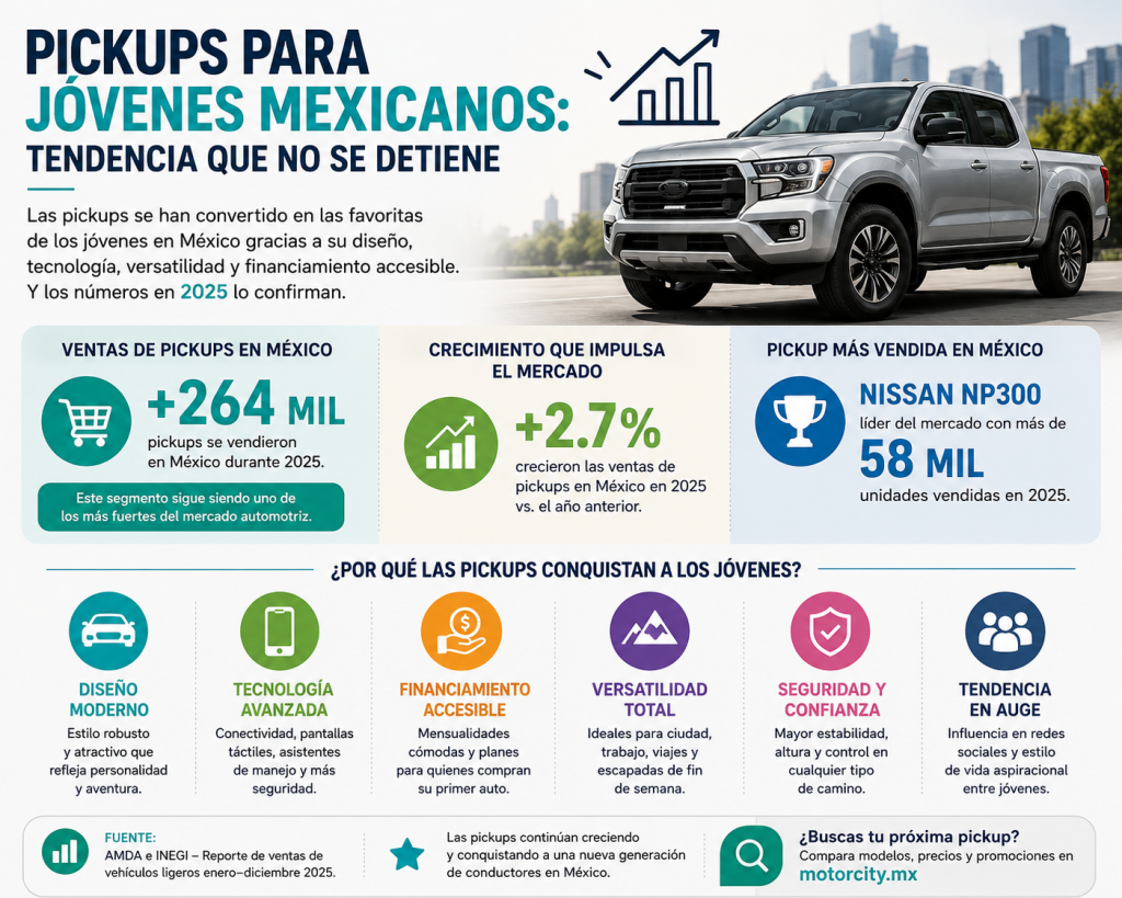 Descubre por qué las pickups para jóvenes mexicanos se han convertido en tendencia gracias a su diseño, tecnología y financiamiento accesible.