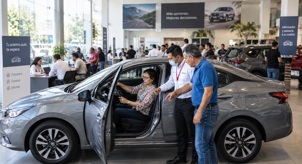 materiales interiores de un auto: tablero y asientos en una agencia de México
