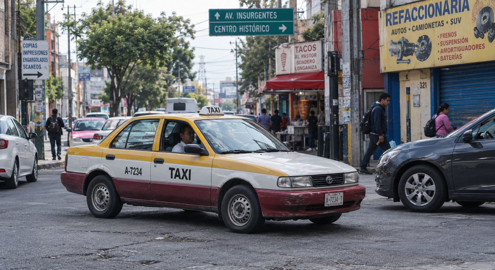 Taxi en la calle donde se evidencia el desgaste antes de sustituir llantas en México